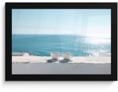 Poster in lijst - Fotolijst 30x20 cm - Posters - Zee - Koffiekopjes - Zomers - Posterlijst zwart - Decoratie - Wanddecoratie woonkamer - Muurdecoratie slaapkamer