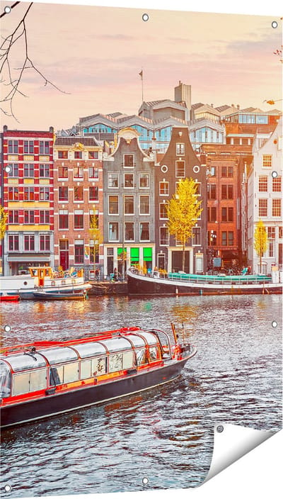 Gards Tuinposter Amsterdamse Huisjes vanaf de Grachten - 80x120 cm - Tuindoek - Tuindecoratie - Wanddecoratie buiten - Tuinschilderij