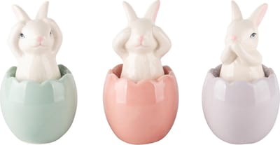 Dekoratief | Bunny in ei, horen/zien/zwijgen, porselein, 6x6x10cm, set van 3 stuks | A240014
