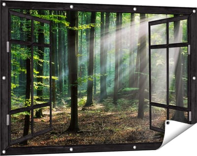 Gards Tuinposter Doorkijk Bos met Zon tussen de Bomen - 120x80 cm - Tuindoek - Tuindecoratie - Wanddecoratie buiten - Tuinschilderij