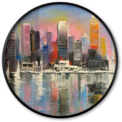 Poster in lijst Rond - Fotolijst 60x60 cm - Posters - Schilderij - Olieverf - Skyline - Water - Ronde posterlijst zwart - Decoratie - Wanddecoratie woonkamer - Muurdecoratie slaapkamer