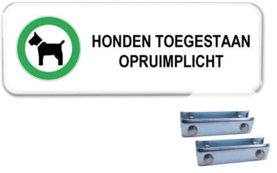 Bord honden toegestaan met opruimplicht - Weerbestendig Aluminium - 40x15 cm - Bevestiging: Met hekbeugels (voor spijlen- of gaashek)