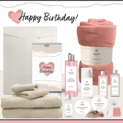 Geschenkset “Happy Birthday!” - 13 producten - 2000 gram | Triomf Original - Giftset voor haar Cadeau Valentijnsdag Luxe wellness cadeaubox Vrouw Ik hou van jou Cadeaupakket Kerst Geschenk Moeder Verjaardag Gift Set Valentijn Vriendin Roze Beige