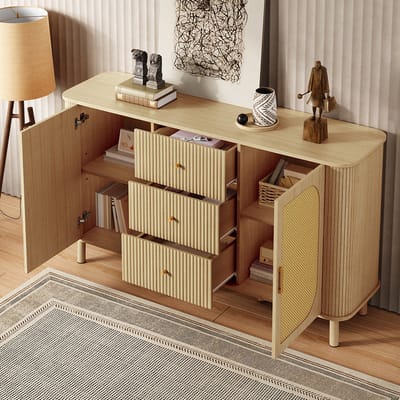 BLACKCOLORS Dit moderne dressoir met lades, planken en metalen poten in houtlook is een veelzijdig meubelstuk voor in de woonkamer en een echte must-have.