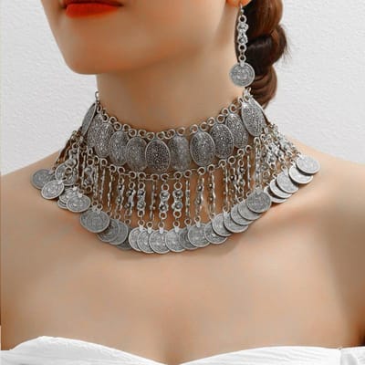 Mode Retro Munt Drop Steek Overdreven Temperament Ketting Oorbellen Set, Munt Kwast Lang Sieraden Vrouwen brown