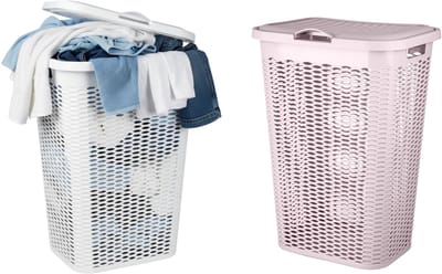 Wasmand Ventilation - met deksel - 2x - wit en roze - 50 liter - 61 x 43 cm