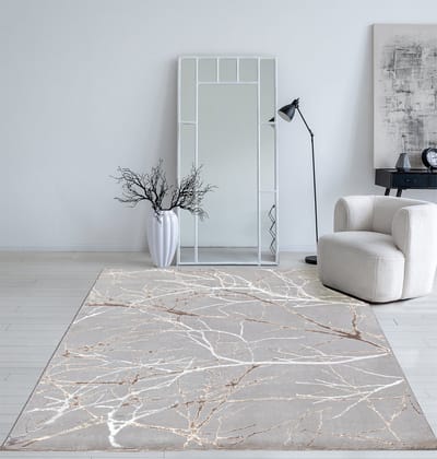 the carpet Mila – Modern vloerkleed met takkenmotief en glansstructuur, geschikt voor woonkamer en hal, grijs met bruin takken, 80 x 150 cm