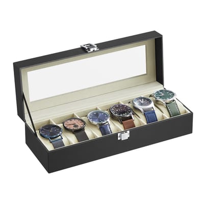 SONGMICS - Horloge Doos - Met 6 Vakken - Glazen Deksel - Uitneembare Kussens - PU Leren Bekleding