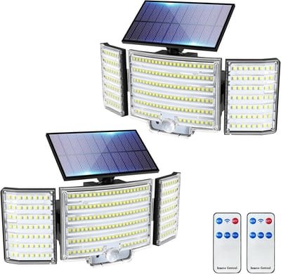 Buitenlamp op zonne-energie met afstandsbediening, 2500 lm, bewegingssensor en 3 modi voor tuin en garage (2 stuks)