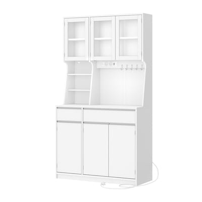 Kitchen Cabinet – Voor Keuken en Eetkamer – Buffet Cabinet met Stopcontacten, LED-Verlichting, Werkblad en 2 Lades – Houtlook / Wit