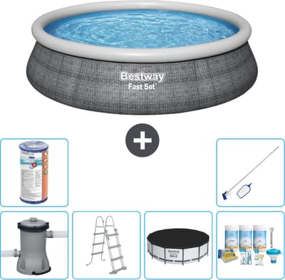 Bestway Rond Opblaasbaar Fast Set Zwembad - Rotanprint - 457 x 107 cm - Inclusief Pomp - Ladder Afdekzeil - Onderhoudspakket - Filter - Schoonmaakset
