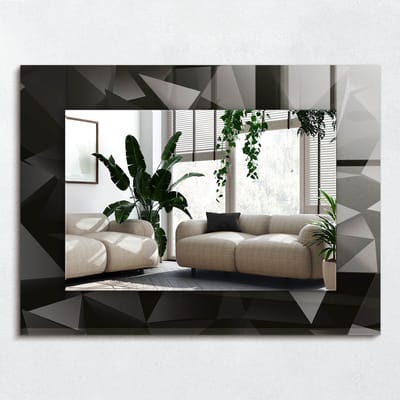 Wallfluent Spiegel - Zwarte Geometrische Vormen Vierkante vorm Spiegel - 80x60 cm - Donkergrijs op gehard Glas - Spiegel met decoratieve opdruk - Inloopkastspiegel - Badkamerspiegel - Toiletspiegel - Scheerspiegel - Woonaccessoires - Wandmontage