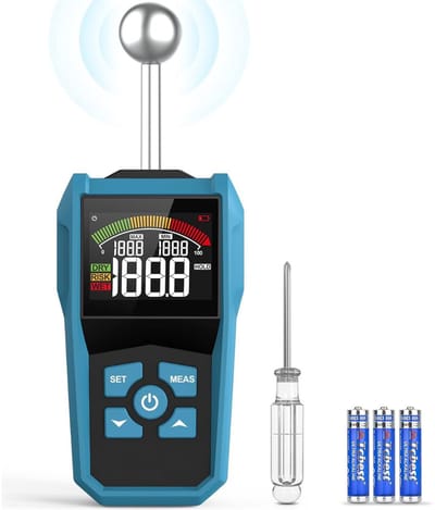 TIM® Vochtmeter Muren - Vochtmeter - Vochtmeter Hout Met Opbergzakje - Vochtmeters Inclusief Temperatuurmeter - Accuraat – Pleisterwerken - Inclusief Batterijen - Blauw - ‎4cm x 20cm x 8cm