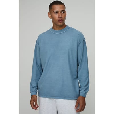 Oversized Gewassen T-shirt Met Lange Mouwen En Zichtbare Naden | Blue | Size Large