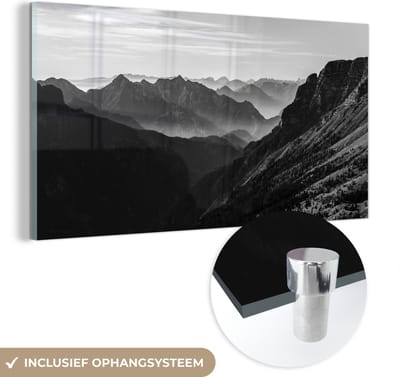 MuchoWow® Glasschilderij 40x20 cm - Schilderij acrylglas - Bergen - Natuur - Mist - Foto op glas - Schilderijen