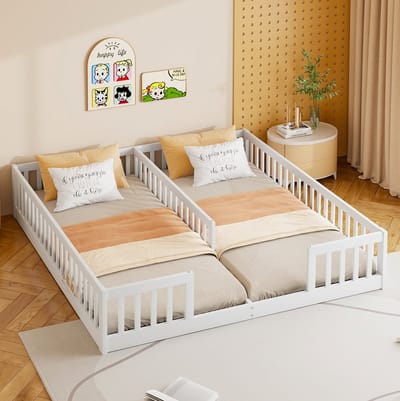 MEUNIQ kinderbed 204 x 187 cm voor 2 kinderen, 2 ligplaatsen 90 x 200 cm, met veiligheidshek, laag bedframe voor kinderkamer, wit, zonder matras