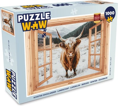 Puzzel Schotse Hooglander - Landschap - Landelijk - Bergen - Winter - Doorkijk - Legpuzzel - Puzzel 1000 stukjes volwassenen