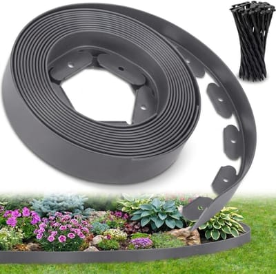 10 m Flexibele Tuinafscheiding voor Buiten, 5 mm Robuuste Kunststof Tuinafscheiding, voor Gazons, Paden en Bloembedden – Eenvoudige Installatie met 30 Verankeringspennen (Grijs, 10 m)