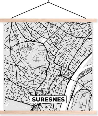 Posterhanger incl. Poster 40x40 cm - Schoolplaat - Plattegrond - Kaart - Stadskaart - Frankrijk - Suresnes - Textielposter - Blanke latten - Stadskaart