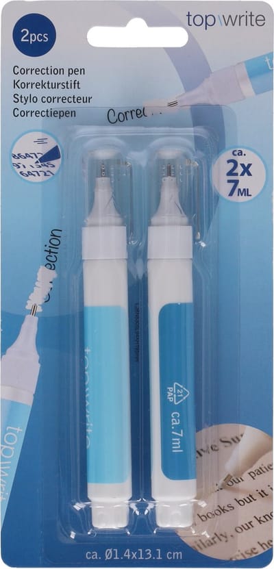 Blister 2x correctiepen wit - correctiepennen - 2x 7ml - correctie pen - 13 cm - top write