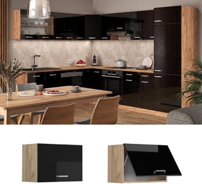 Hangende Keukenkast 60 cm Zwart Hoogglans Eiken Module Systeem