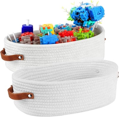 Opbergmanden Set van 2, 28 x 10 x 10 cm, Gevlochten Katoenen Mand met Handvat, Ideaal voor Badkamer, Woonkamer en Slaapkamer