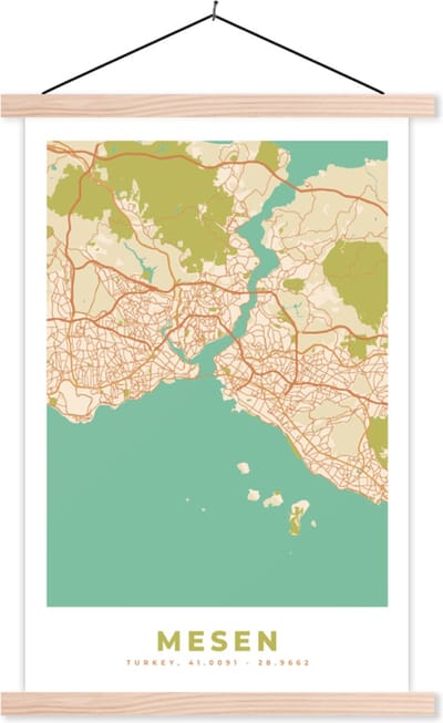 Posterhanger incl. Poster 40x60 cm - Schoolplaat - Istanbul - Plattegrond - Stadskaart - Vintage - Kaart - Textielposter - Blanke latten - Stadskaart