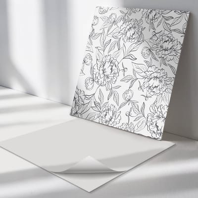 Wallfluent Vinyl Tegels - Bloemenpatroon met Bladeren Zelfklevende PVC Tegels - 30 cm x 30 cm - Zwart en wit Vinyl Tegels - Set van 9 - Vierkant PVC Tegels - Bloemen en Planten Plaktegels - Vinyl Vloer Tegels - Plaktegels Keuken en Badkamer