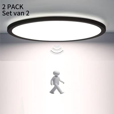 Epochglo LED Plafondlamp met Bewegingssensor (Set van 2)- 18W, 1800 Lumen, Microgolfsensor (Radar), 3 Lichtmodi, Instelbare Timer (30s/120s/180s) - IP44 Waterdicht, Ultraplat Design (Ø22cm) - Mat Zwart - Voor Hal, Badkamer, Garage en Berging