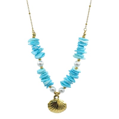 Goldplated ketting met schelpvormige hanger, blauwe schelpstukjes & Imitatieparels - Stainless Steel
