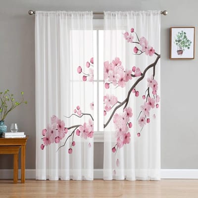 Japanse Roze Bloem Kersenbloesem Witte Tule Gordijnen voor Woonkamer Drapes Raam Transparant Moderne Gordijnen voor Slaapkamer Decor 135W x 160H(cm)