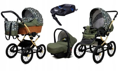 BabyLux® Kinderwagen 4in1 - CLASSIC GOLD - OLIVE STAR SILVER FRAME - Opklapbare Wandelwagen incl. Reiswieg, Multifunctionele Buggy Sportstoel, Autostoel, ISOFIX basisstation - Combi-kinderwagen met Luiertas, Regenhoes, Klamboe