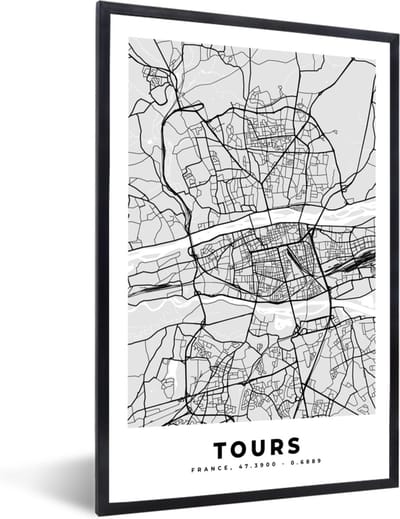 Fotolijst incl. Poster - Frankrijk - Plattegrond - Kaart - Tours - Stadskaart - 40x60 cm - Posterlijst