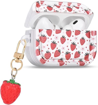 Ultra-dunne TPU beschermhoes voor AirPods Pro met aardbeienbloem patroon, schokbestendig, anti-stof en geurvrij, ideaal voor vrouwen met sleutelhanger