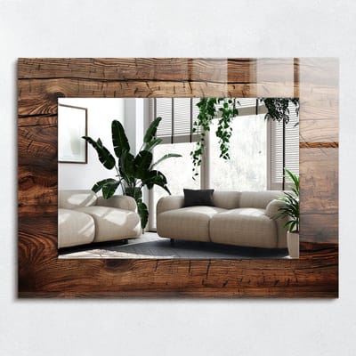 Wallfluent Spiegel - Textuur Van Een Houten Plank Spiegel op gehard Glas - 80x60 cm - Bruin Vierkante Spiegel - Spiegel met decoratief motief - Slaapkamerspiegel - Badkamerspiegel - Gang - Kleedkamer - Scheerspiegel