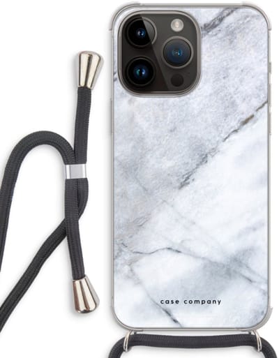 Case Company® - Hoesje met koord geschikt voor iPhone 14 Pro Max hoesje met Koord - Witte marmer - Telefoonhoesje met Zwart Koord - Bescherming aan alle Kanten en Over de Schermrand