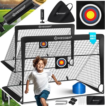 KESSER® Voetbaldoel voor kinderen, pop-up set van 2, opvouwbaar, met glasvezelstangen en hoogwaardige doelnetten voor binnen, buiten en tuin, met transporttas, 6 x hoedjes, balpomp, schietschijf