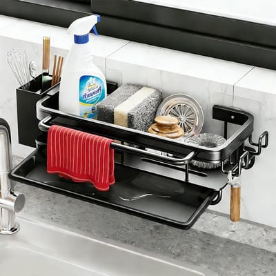 Ruimtebesparende keukenspoelbakorganizer met afvoerplaat, sponshouder en metalen hangrek voor keuken en badkamer, zwart