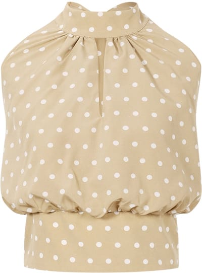 Stijlvolle Haltertop met Polkadot Dessin – Trendy Dames Top met Open Rug en Neksluiting – Modieuze Mouwloze Top met Gestipt Patroon - S
