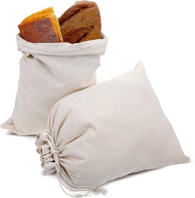 Herbruikbare linnen broodzakken met trekkoord, ongebleekt, 40 x 30 cm, ideaal voor brood, baguettes, fruit en groenten, set van 2 stuks