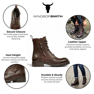 Windsorsmith Heren Marron Bruine Leren Militaire Gevechtslaarzen - Willem