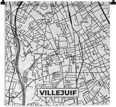 Wandkleed - Wanddoek - Stadskaart - Villejuif - Plattegrond - Kaart - Frankrijk - Zwart wit - 180x180 cm - Wandtapijt