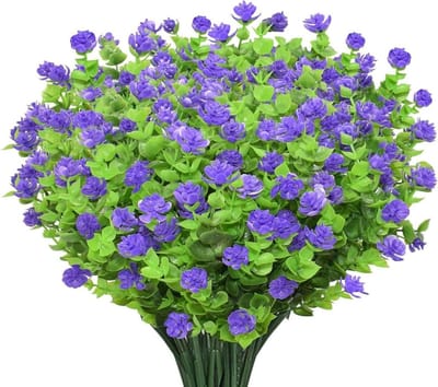 10 Bundles Kunstbloemen voor Buiten, UV-bestendige Nepparen, Groene Struiken voor Bloemstukken en Tuindecoratie (Paars)