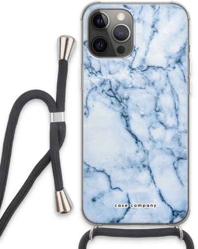 Case Company® - Hoesje met koord geschikt voor iPhone 13 Pro Max hoesje met Koord - Blauw marmer - Telefoonhoesje met Zwart Koord - Bescherming aan alle Kanten en Over de Schermrand
