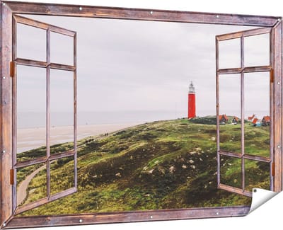 Gards Tuinposter Doorkijk Vuurtoren Texel - 180x120 cm - Tuindoek - Tuindecoratie - Wanddecoratie buiten - Tuinschilderij