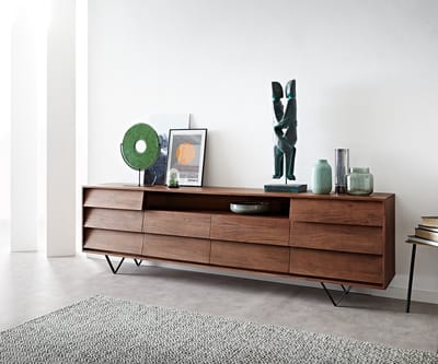 Dressoir Eloi Acacia Bruin 240x40 cm 2 Deuren 6 Laden V-Poot Zwart