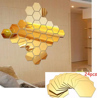 CHPN - Goudkleurige Wandspiegel - Speigelstickers - 18/16CM - Zelfklevend - Sticker - Goudkleurig - Hexagon - Plakspiegel - Zeshoek - Woonkamer - 24 stuks - Woondecoratie - Wanddecoratie
