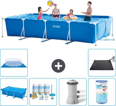 Intex Rechthoekig Frame Zwembad - 450 x 220 x 84 cm - Blauw - Inclusief Solarzeil - Onderhoudspakket - Zwembadfilterpomp - Filter - Grondzeil - Solar Mat - 7-delig