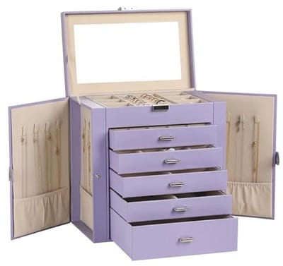 Grote Sieradenbox met 6 Lagen en Slot - Multifunctionele Organizer met 5 Lades voor Oorbellen, Kettingen, Armbanden en Horloges (Paars)