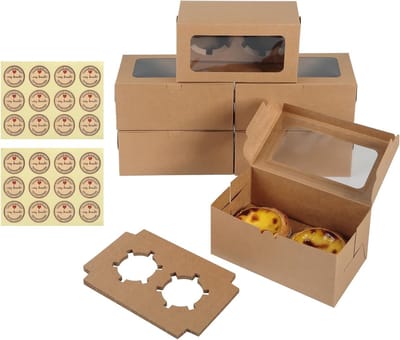 16-delige Taartdoos met Venster en Inzet, Kraft Papieren Muffinbox met Stickers, Ideaal voor Taarten, Desserts en Koekjes